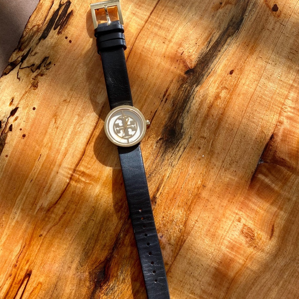 Tory Burch Black Leather Band Gold Faced Watch